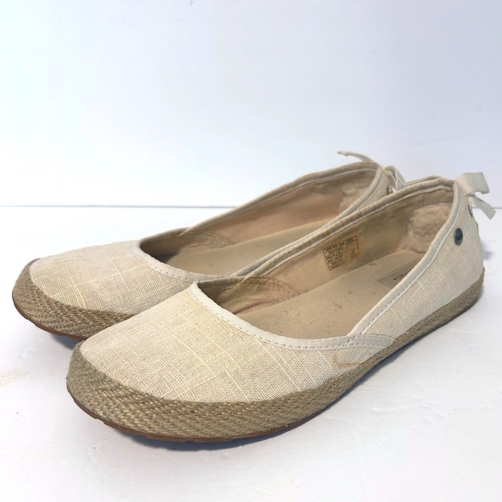UGG Indah Espadrille Flats Women 8.5 Cream Linen Lace Up Ribbon Bow Canvas Slip
